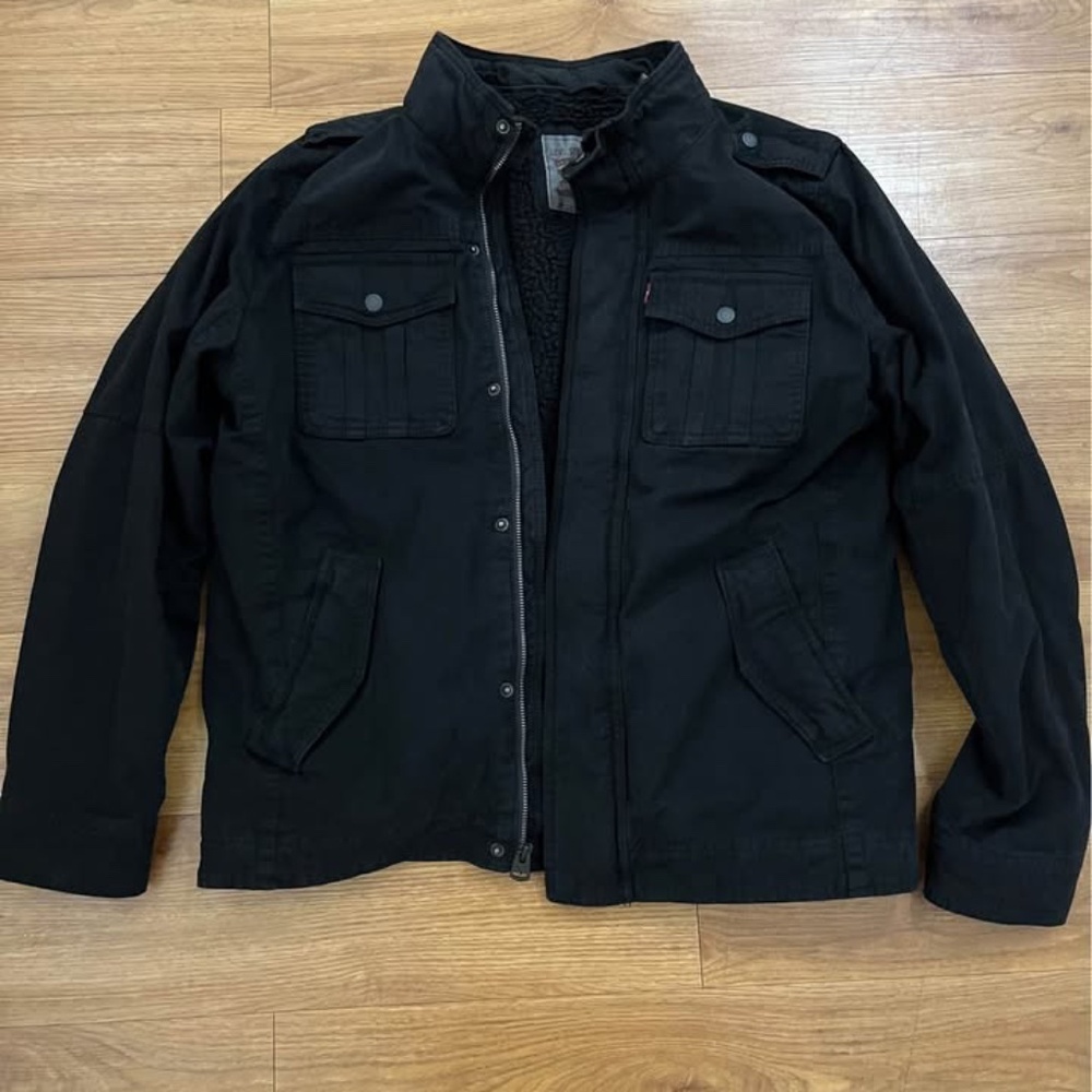 Levi's Men's Washed Cotton Hooded Military Jacket Black